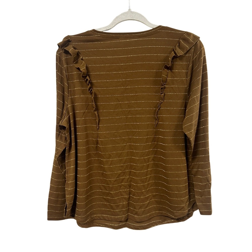 Terra & Sky Brown Gold Metallic Striped Ruffle Long Sleeve Top Womens 1X 16W-18W - Picture 4 of 4